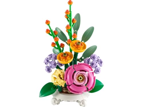MinLab Juego de construcción de ramo de flores mixtas de ladrillos 40762, flores artificiales con rosa rosa, flores moradas y amarillas en maceta blanca