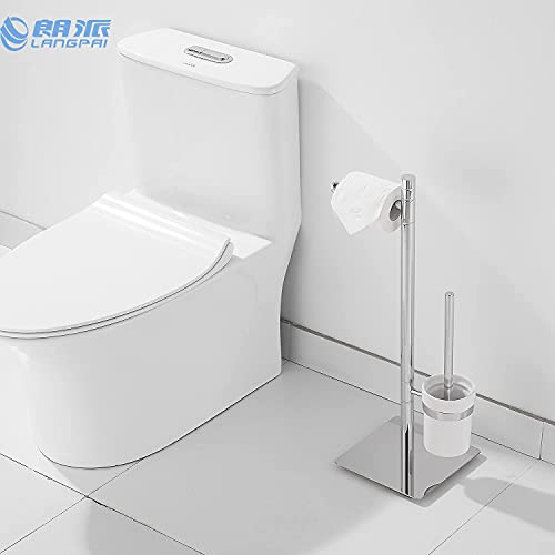 Image of Freestanding Toilet Brush and Paper Holder Set Superior Hotel Luxury Style Join Roll Paper and Toilet Brush Non-Skid Sturdy Floor Stand Brass Chrome with White Ceramic Cup