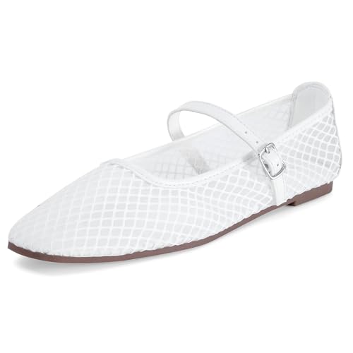 mazeskin Womens Memory Foam Mesh Ballet Flats Shoes Ladies Comfortable Buckle Strap Ballerina Shoes,White US8