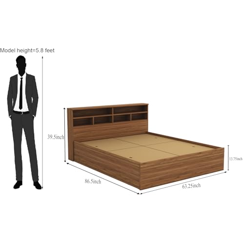 Image of DesignFit Engineered Wood Queen Size Bed with Box Storage | Wooden Double Bed Cot Palang Furniture for Bedroom Living Room Home Hotel (Walnut Finish) 1 Year Warranty
