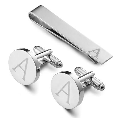 Boutons de manchette et pince à cravate pour hommes, boutons de manchette personnalisés pour mariage, banquet, cérémonie, affaires (Argent-A)