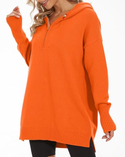 Image of Women's Hooded Sweater Loose Half Zip Drawstring Pullover Sweatshirt Top Casual Long Sleeve Side Slit Knit Hoodie