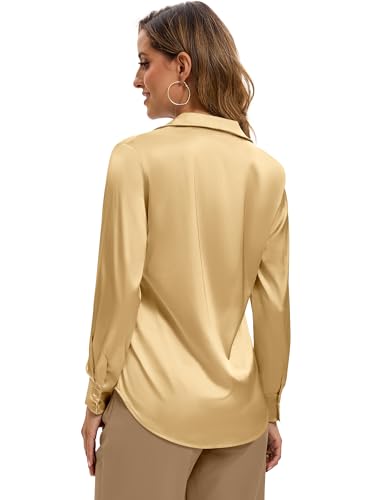 Image of Premium Soft Breathable Stretch Satin Silk Button Down Shirts for Women Long Sleeve Leopard Blouses Work Dress Tops
