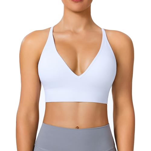 Image of BLUELILY Sports Bras for Women Padded Adjustable Deep V Neck Bra Seamless Spaghetti Strap Criss Cross Light Impact Yoga Bras