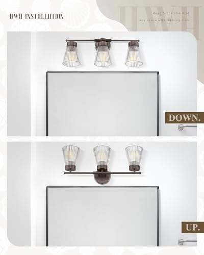 Image of Bathroom Vanity Light Fixture, HWH 3-Light Farmhouse Vanity Lights Over Mirror Bathroom Lighting Fixtures with Clear Striped Glass Shade, Oil-Rubbed Bronze Finish, 5HZG97B-3W ORB