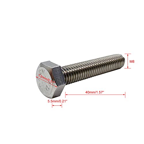 Image of M8 Hex Bolt, M8-1.25 x 40mm Hex Head Screw Bolts, 304 Stainless Steel, Fully Threaded, Plain Finish, Hex Tap Bolts 10Pcs (M8x40mm)