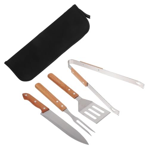 Set de utensilios para parrilla con mango de madera, 4 piezas