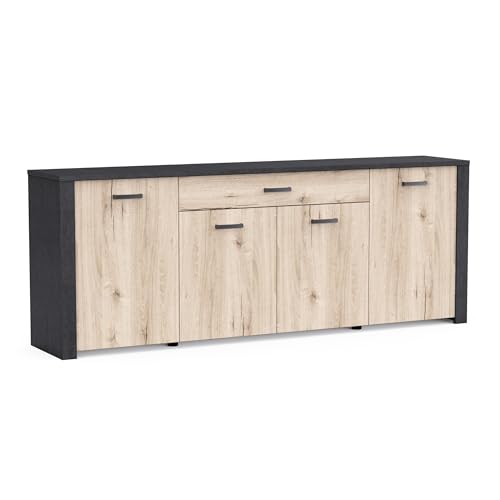 Demeyere Buffet Enfilade, 82 x 216 x 42 cm, 4 Portes et 1 Tiroir, en Bois Recomposé Couleur Chêne et Ebène Noir, Meuble Rangement Entrée, Cuisine ou Salle...