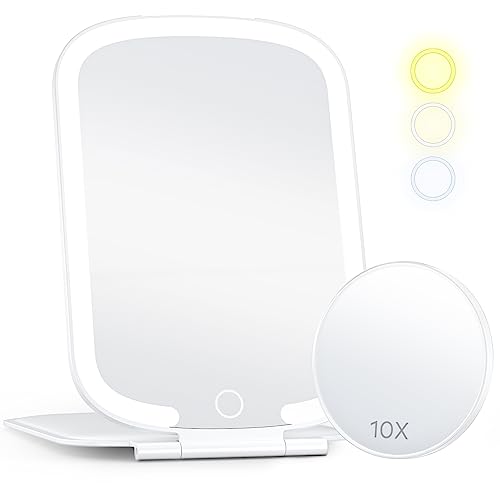Makeup Mirror - Travel Makeup Mirror With Light, Touch Screen 3 Colors Dimmable Lighted Makeup Mirror, 2000 Mah Rechargeable Vanity Mirror, Foldable Portable Makeup Mirror With 10X Magnifying Mirror #TOP28