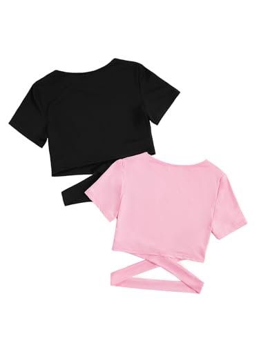 Image of Milumia Girl's 2 Piece Cut Out Crisscross Crop Tops Short Sleeve Tee Shirts | Dance Tops, Casual Top, Round Neck, Campus Outfit, Summer Top, T Shirts