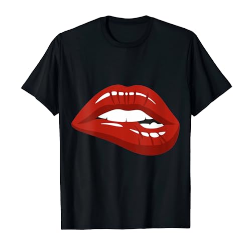 Womens Red Lips Biting Lipstick Makeup T-Shirt M