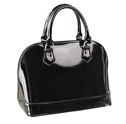 Bolsa de couro envernizado, bolsa com zíper, bolsa de ombro com vários bolsos, bolsa de ombro grande brilhante com alça superior, Preto