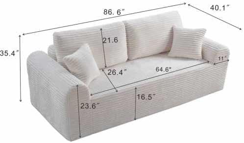 Modern 3 Seater loveseat Sofa, Comfy Deep Seat Boneless Couch with 2 Pillows, Plush Corduroy Fabric couches for Living Room, Bedroom and Apartment (White, 86.6" Seater Sofa)
