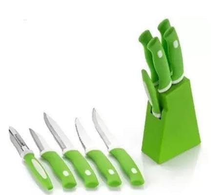 Image of 5 Pieces Kitchen Knife Set with Holder Stand 4 Knife + 1 Peeler + 1 Stand (Green)(Green + Stand Knife Set) /101 KP2421