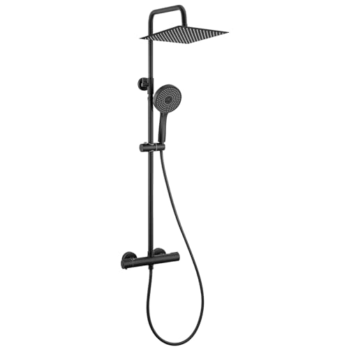 Auralum Colonne de Douche avec Mitigeur Thermostatique, Douche Pluie en Acier Inoxydable 30 x 30 cm, Douchette à 5 Modes, Barre de Douche Extensible (Noir)
