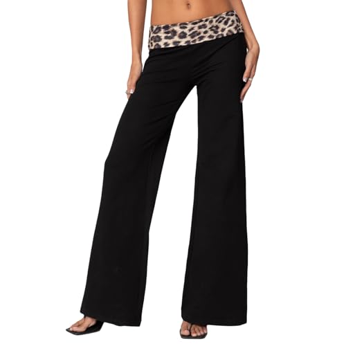 SOLILOQUY Women Leopard Waistband Slight Flare Pants Solid Color Bell Bottoms Trendy Bootcut Trousers Y2K Streetwear