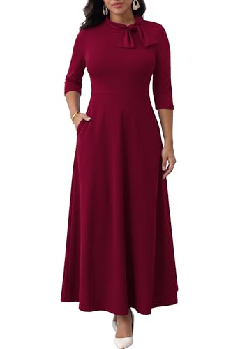 Image of FANDEE Maxi Dress for Women Long Elegant 3 /4 Sleeve Bow Tie Neck A Line Casual Party Church Dresses with Pockets