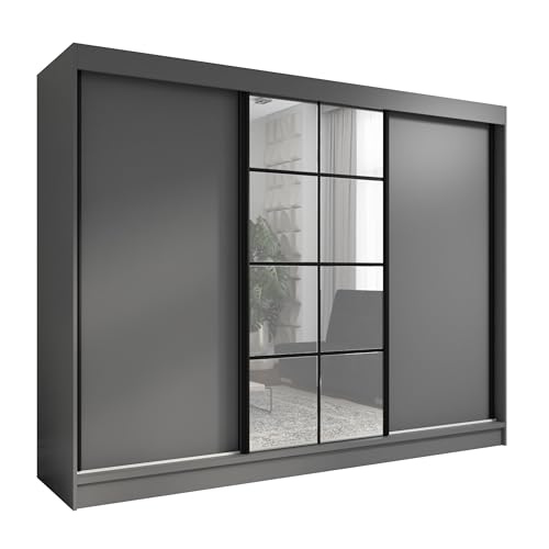 A&J MöbelLand Schwebetürenschrank ORAVELLE Kleiderschrank 3-türig mit Schubladen und Spiegel Garderobenschrank 200 cm (Graphit)