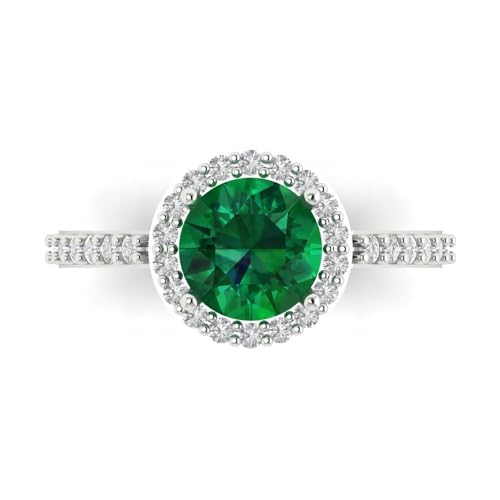 1.86 ctw Round Cut Solid Gold Engagement Ring for Women - 14K White Gold - Simulated Emerald Wedding Promise Ring for Her