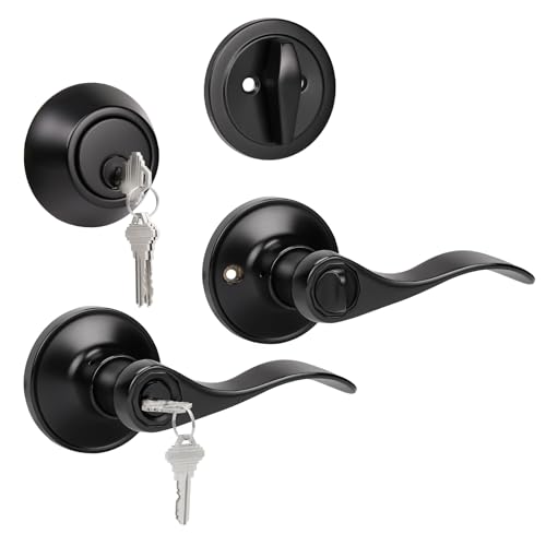 KNOBWELL Entry Lever Door Handle and Single Cylinder Deadbolt Set Keyed Alike, Exterior Door Knob Lock with Deadbolt for Office and Home Security, Mattle Black Front Door Lock Set, 1 Pack