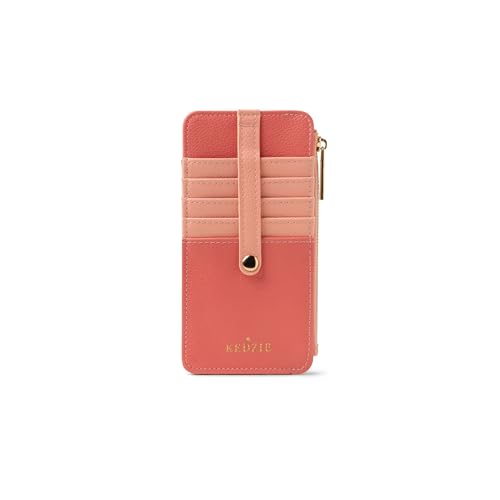 KEDZIE Essentials Only Women's Zippered Wallet in Vegan Leather Small Card Holder Wallet Exterior ID Window - Coral