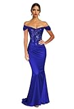 Women's Sparkly Sequin Prom Dresses 2026 Long Mermaid Formal Wedding Dress Satin Off Shoulder Evening Military Ball Gown Size 10 Royal Blue