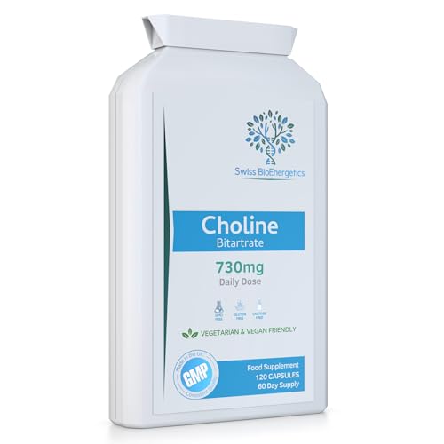 Choline Bitartrate 730mg Daily Dose 120 Vegan Choline Supplement Capsules - UK Made Support for Healthy Liver Function and Fat Metabolism