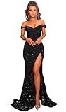 Women's Off Shoulder Mermaid Prom Dresses 2025 Long Sequin Formal Evening Gowns with Slit Black US6