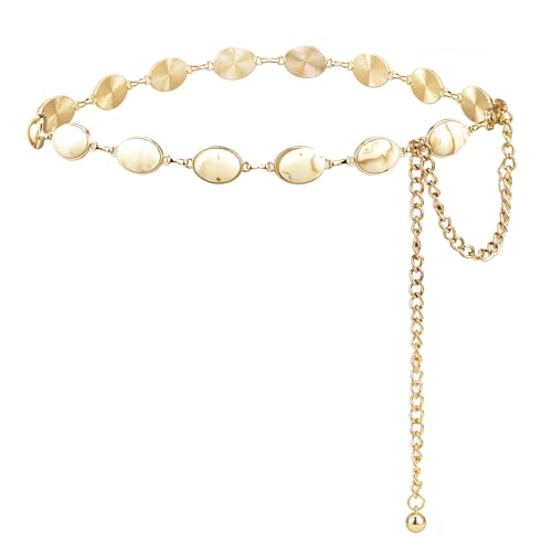 ILuvatar Women's Gold Oval Cream Gemstone Waist Belt, Minimalist Boho Western Chain Belt for Jeans Dresses, Adjustable Fashion Statement Belt, One Size