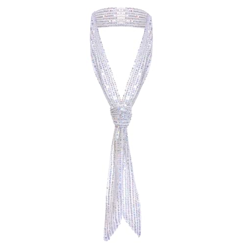 Silver Sparkling Scarf for Women Glitter Scarf with Sequins Long Necktie Belt for Halloween Party Prom Wedding Daily