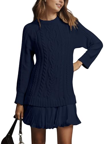Women Crewneck Cable Knit Sweater Mini Dress, Long Sleeve Fall Sweet Sweater Dresses with Pleated Skirt-