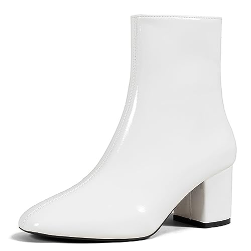 Dernolsea Bottines à talon bloc à bout carré pour femme avec fermeture éclair, blanc, 39.5 EU