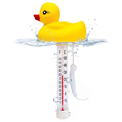 Schwimmendes Poolthermometer mit Aufhänge-Schnur(Gelbes Entlein) | Leicht ablesbare Großziffern, präzise Messung, bruchfest Schwimmendes...