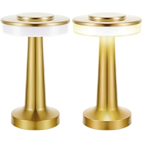 Riakrum Set of 2 LED Portable Metal Table Lamp with Touch Sensor 3 Color Stepless Dimming Nightstand Desk Lamp Rechargeable Battery up to 15 Hours Cordless Lamp Table Light Wireless Lamp (Gold) Cover