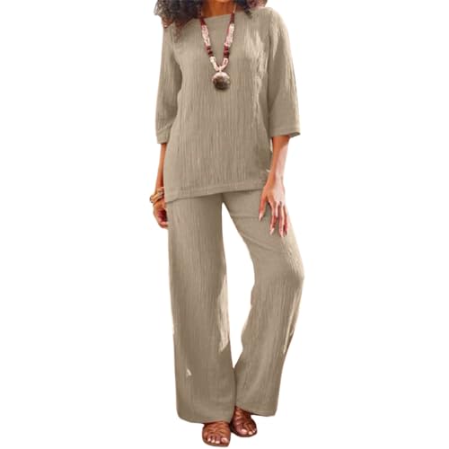 Womens Linen 2 Piece Pants Suits Dressy Cotton Solid Color 3/4 Sleeve Tops and Wide Leg Pant Suits