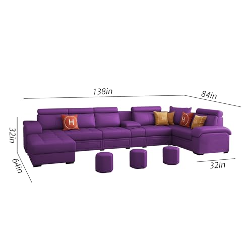 Image of Casaliving Emerson Modern U-Shaped Sectional Sofa Set 9 Seater, Sofa Couch with 3 Puffy for Hall (Purple Colour) Premium Leatherette Fabric Sofa
