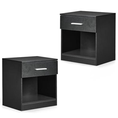 Karl home Set of 2 Modern Bedside Table with 1 Drawer & Open Shelf, Black Nightstand with Metal Handles, Wooden End Table for Bedroom, Living Room, Office (39x28x41cm)