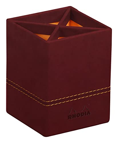 RHODIA 194526C, Burgundy Pencil Pot, 8x8x11 cm, Orange Saddle Stitching, Faux Leather Exterior