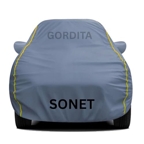 Image of Waterproof Car Body Cover for Sonet All Weather Protection Comes with Inner Cotton Lining & Triple Stitched with Mirror & Antenna Pocket Belt & Elastic Fit Grey with Yellow Piping2
