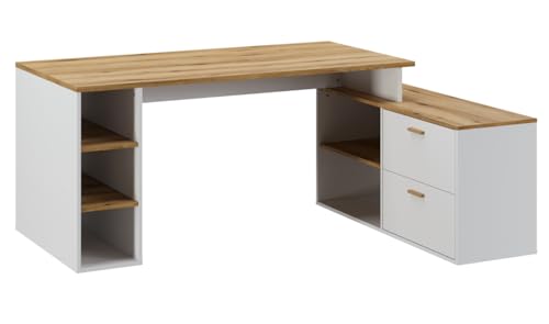 Bureau d'angle gain de place chêne et blanc PEGANE grand plateau
