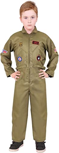 Costume de pilote de l'armée américaine VE Day pour enfants – Taille L – Combinaison militaire verte avec écussons attachés – Déguisement militaire...