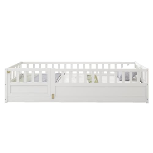 Image of Bellemave Twin Size Kids Montessori Floor Bed with Slats,Solid Wood Floor Bed Frame with High Fence and Door for Kids,Girls,Boys,Twin,White