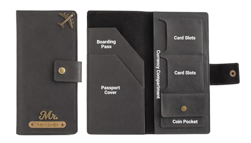 Image of AICA Personalized Name & Charm Long Leather Wallet Passport Cover with Passport, Boarding Pass, Currency, Card Slot & Coin Holder for Men & Women (Grey) | Customised Gifts for Men Women