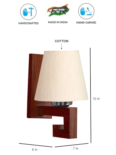 Image of Wall Lamp with Wood Base (H- 10.9 Inch, Off-white) Modern Wall Sconce for Bedroom /Living Room, Study Room, Home Office Decor | Decorative Indoor Lighting, Warm Ambient Night Lamp, Barrel Shape