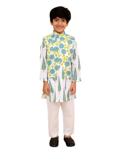 Image of The Mom Store Boys Printed Cotton Kurta Pajama Set With Jacket | Soft And Comfortable Ethnic Wear For Baby /Kids Boys | Full Sleeves Kurta Pyjama Set | Traditional Indian Outfit