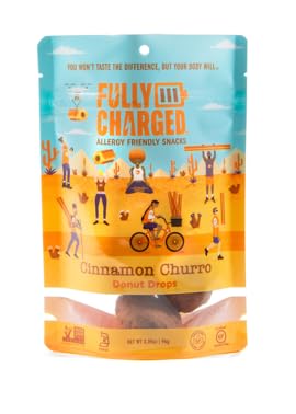 Fully Charged Snacks | Cinnamon Churro Donut Drops Snack Cakes | Certified Gluten Free | Top 14 Allergens-Free | Nut Free (contains Coconut) | Wheat Free | Egg Free | Dairy Free | Plant Based | Kosher | 1 Pack | 6 Pieces |