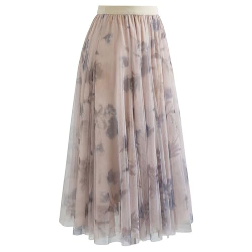 CHICWISH Women Floral Printed Mesh Tulle Midi Skirt Double Layered Elastic Waist A Line Flowy Fairy Skirts Dusty Pink3