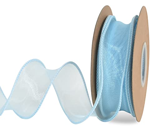 TONIFUL 1-1/2 Inch Wide Light Sky Blue Wired Chiffon Ribbon Sheer Organza Ribbons for Crafts Floral Bouquets Wedding Car Party Decorations Valentines Day Gift Wrapping Bow Making Tree Wreaths