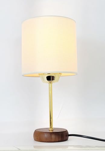 Bambu Taban Modern Gold Metal Ayaklı Hazeran ve Hasır Kumaş Silindir Şapka Mini Abajur Masa Lambası (Açık Krem)