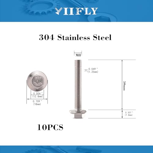 Image of M8x1.25 x 50mm Flanged Hex Head Bolts, 304 Stainless Steel (A2-70), Bright Finish, Fully Threaded, Hexagon Head Flange Bolts, Quantity 10